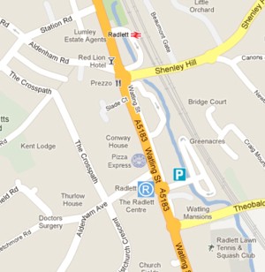 Map of Radlett showing the train station and the Radlett Centre